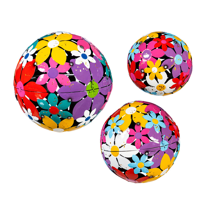 Palm Beach Garden Decor, Metal, Bright Floral Decorative Balls, Set of 3