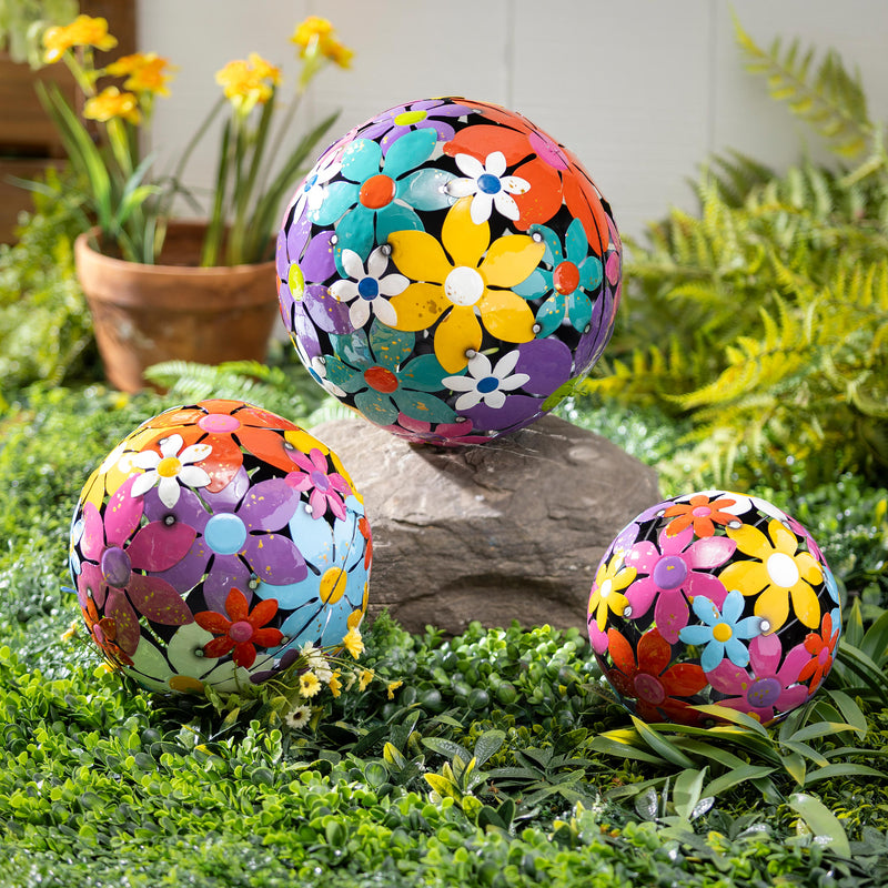 Palm Beach Garden Decor, Metal, Bright Floral Decorative Balls, Set of 3