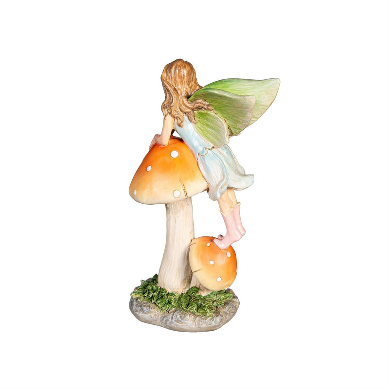 Resin Fairy Sitting On Mushroom Statue, 6"H