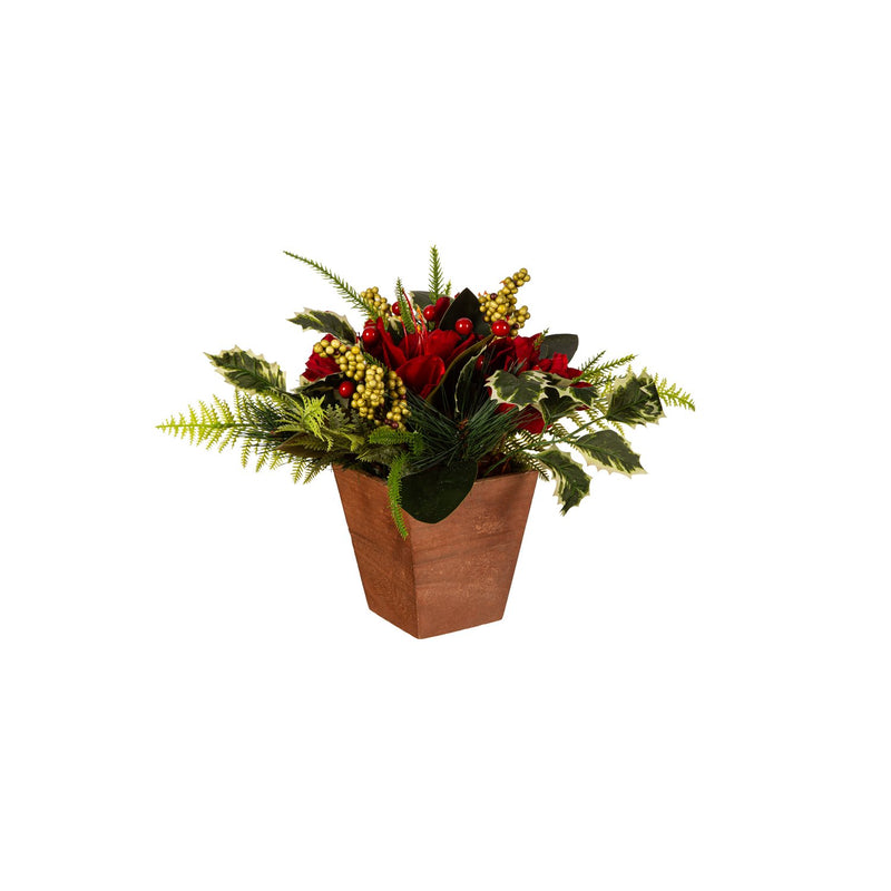 12" Faux Tabletop Amaryllis and Greenery Potted Arrangement,8flp328