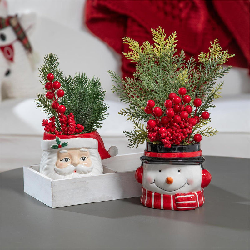 Greenery and Berry Artificial with Santa and Snowman Pot, in Wooden Crate