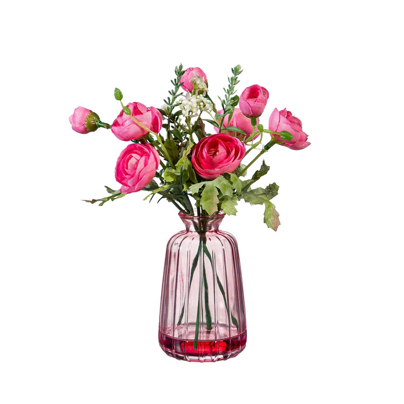 Artificial Ranunculus in Glass Vase Table Decor, Asst, 9"H