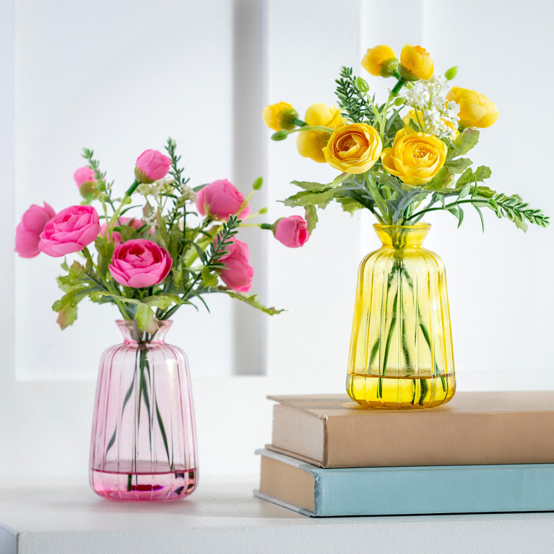 Artificial Ranunculus in Glass Vase Table Decor, Asst, 9"H