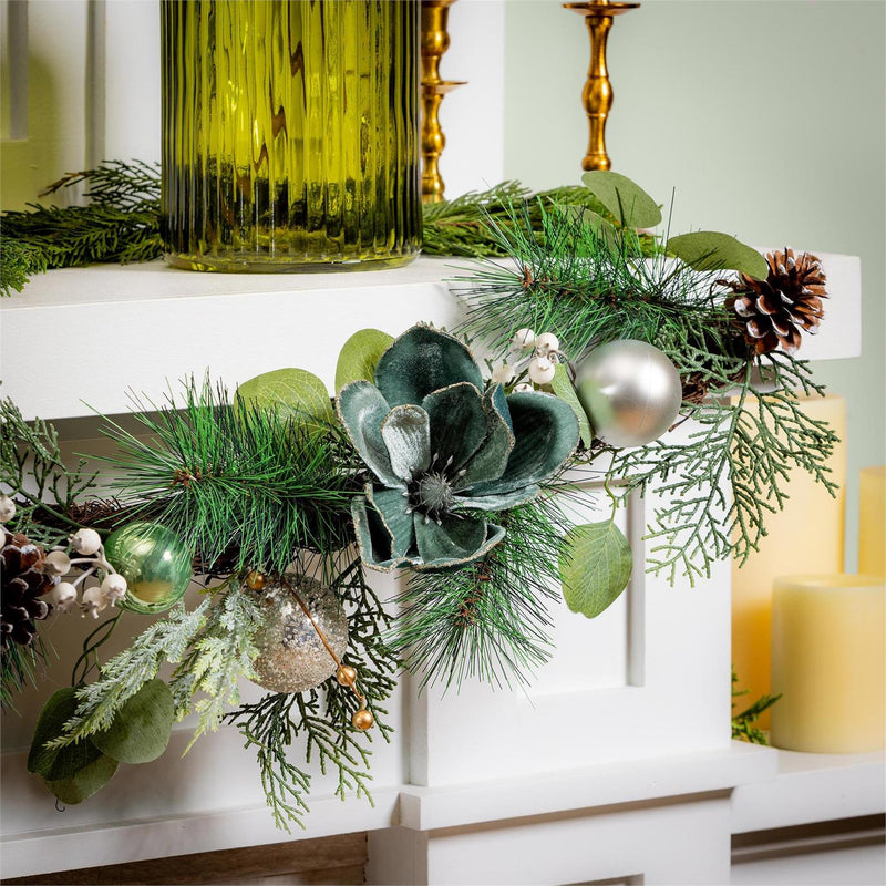 Shades of Green Garland Artificial with Ornaments, 72"H