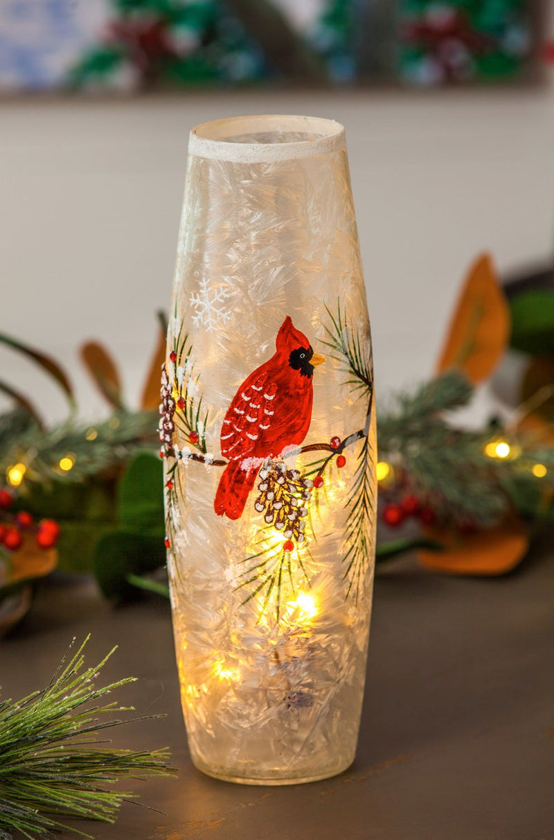 Glass Handpainted Cardinal and Pinecones LED Cylinder