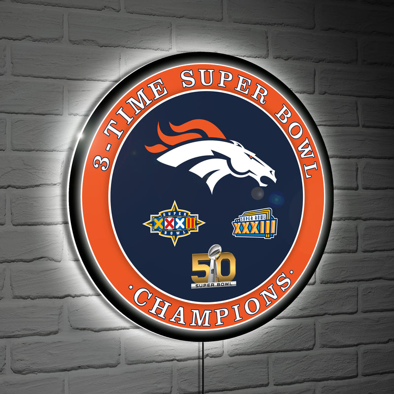 Denver Broncos 3X Superbowl Champions Football Round LED Wall Decor