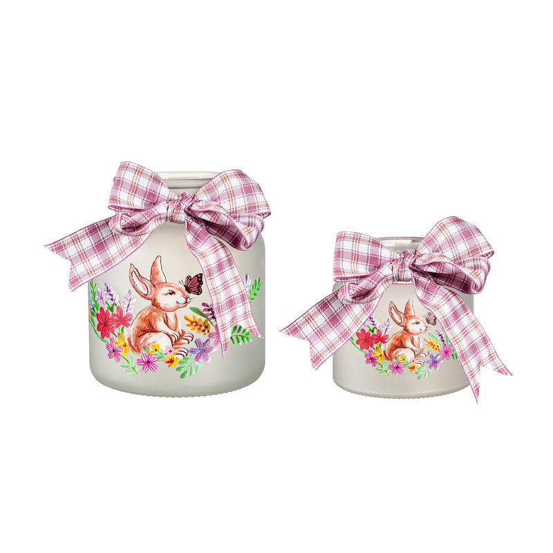 Glass LED Jar with Grassy Meadow and Bunny Scene, Set of 2