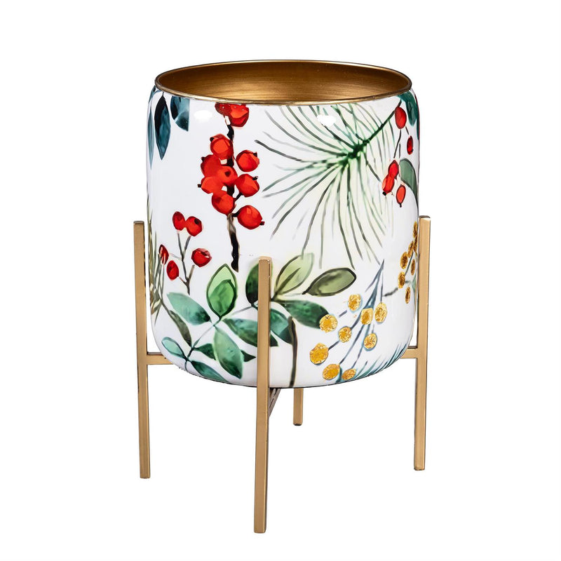 VivaStyle Planter, Printed Metal Planter with Legs, Festive Foliage, 18.7"H