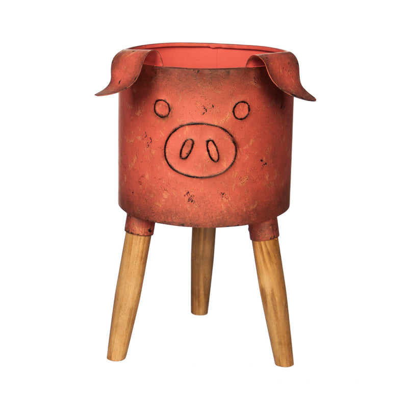 Metal Pig Planter With Wooden Stand,8pmtl172