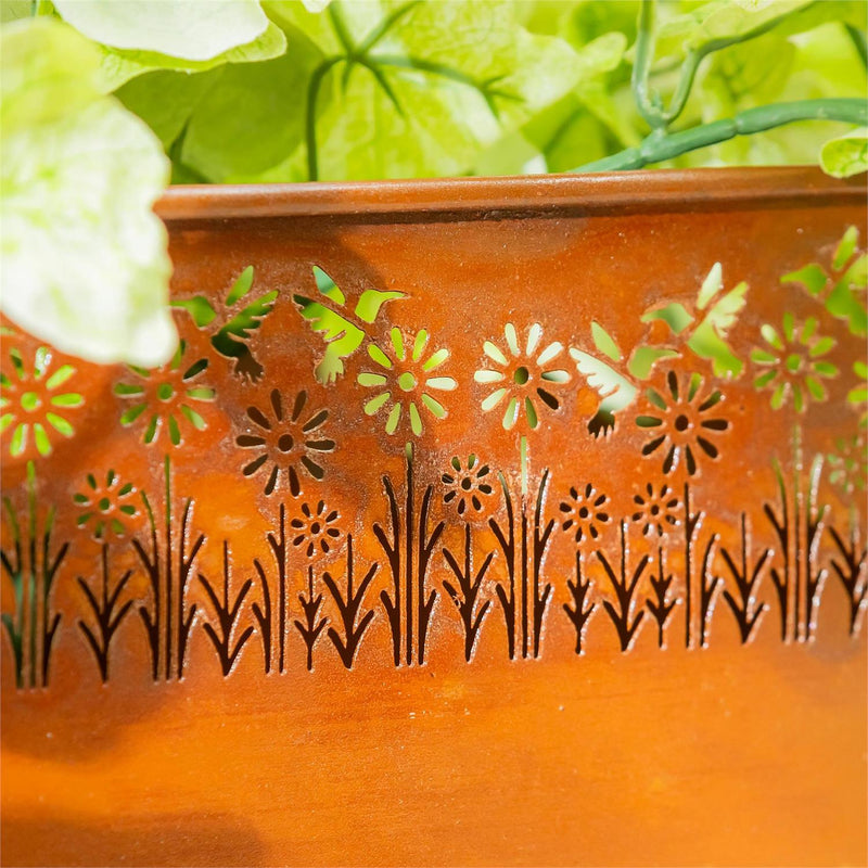 Rectangular Metal Planter with Laser Cut Wildflowers and Hummingbirds