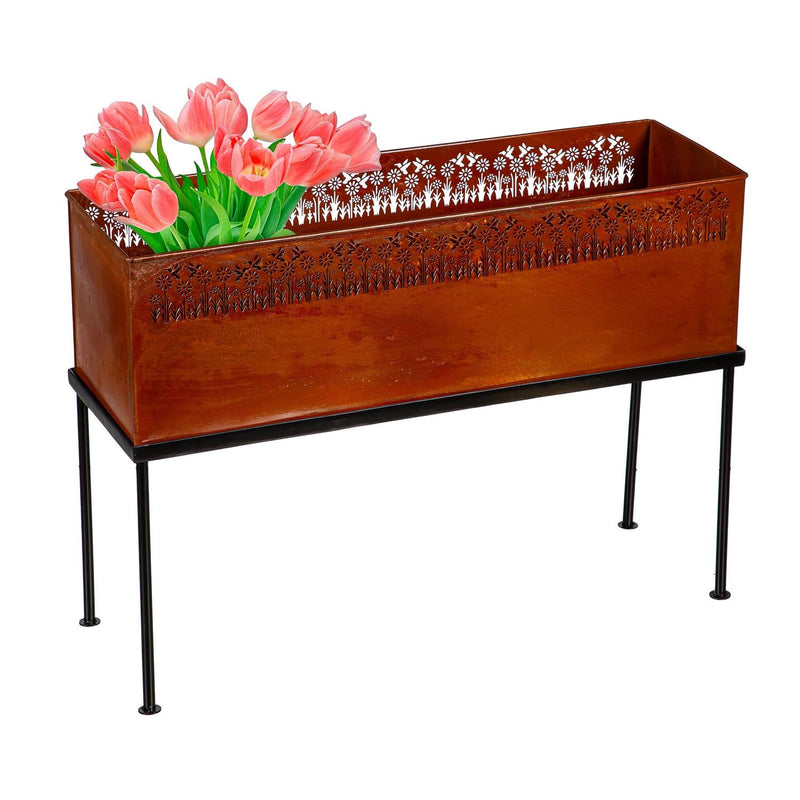 Rectangular Metal Planter with Laser Cut Wildflowers and Hummingbirds