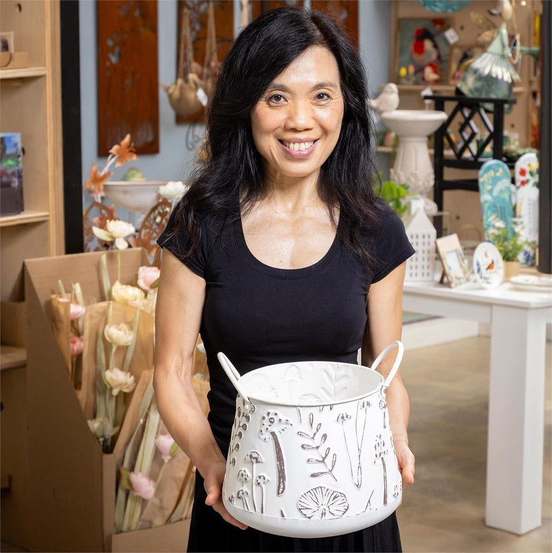 Garden of Wonder Planter, Metal Planters with Handles, Embossed Mushrooms, Nested Set of 2