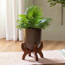 Embossed Metal Planter with Wood Stand, 9"H
