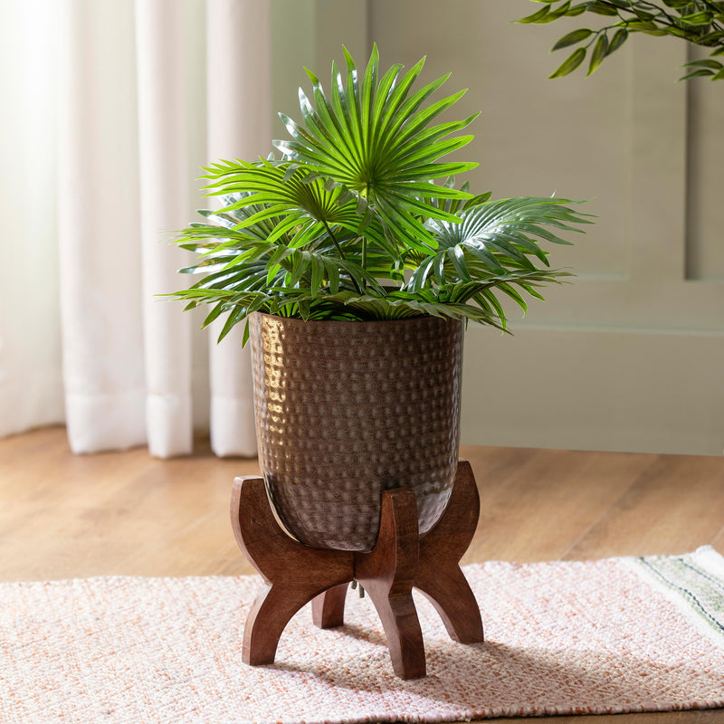 Embossed Metal Planter with Wood Stand, 9"H