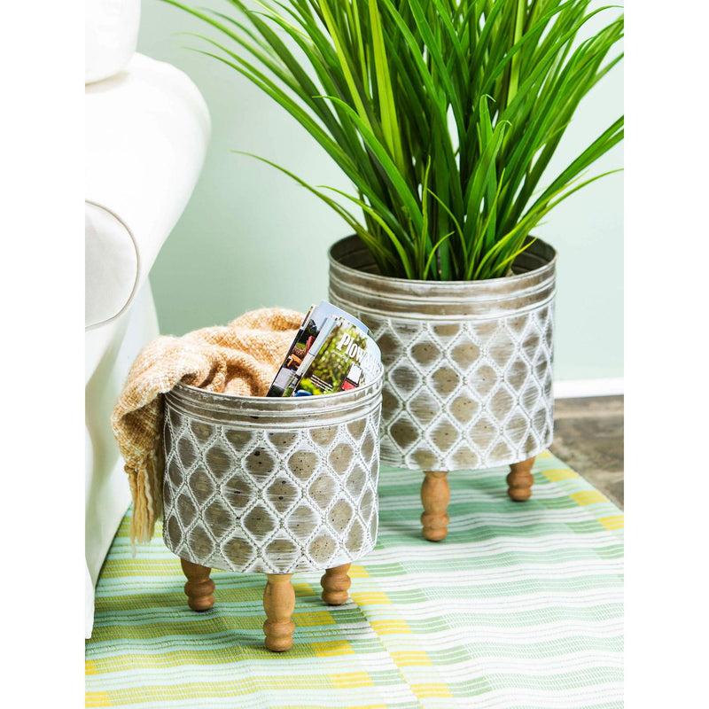 Embossed Metal Planter with Wood Legs, Set of 2