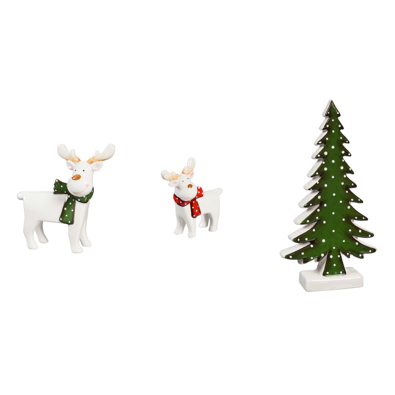 Ceramic Tabletop Decor, Set of 3, Large Reindeer, Small Reindeer, and Tree
