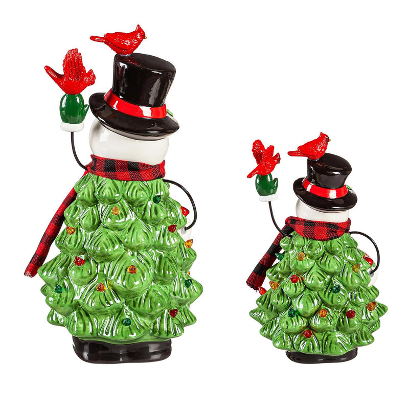 LED Ceramic Snowman with Christmas Tree Body & Cardinals Table Decor, Set of 2