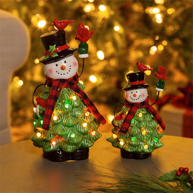 LED Ceramic Snowman with Christmas Tree Body & Cardinals Table Decor, Set of 2