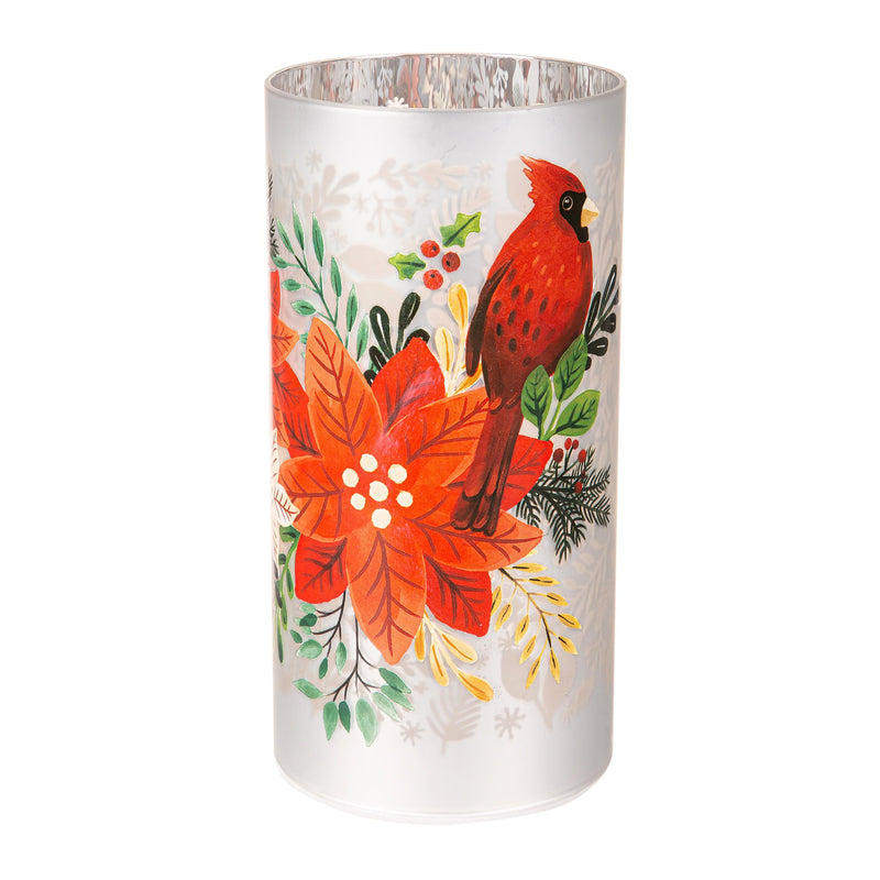 8" LED Hand Painted Lasercut Glass Table Décor with Cardinal and Poinsettia design,8tal133