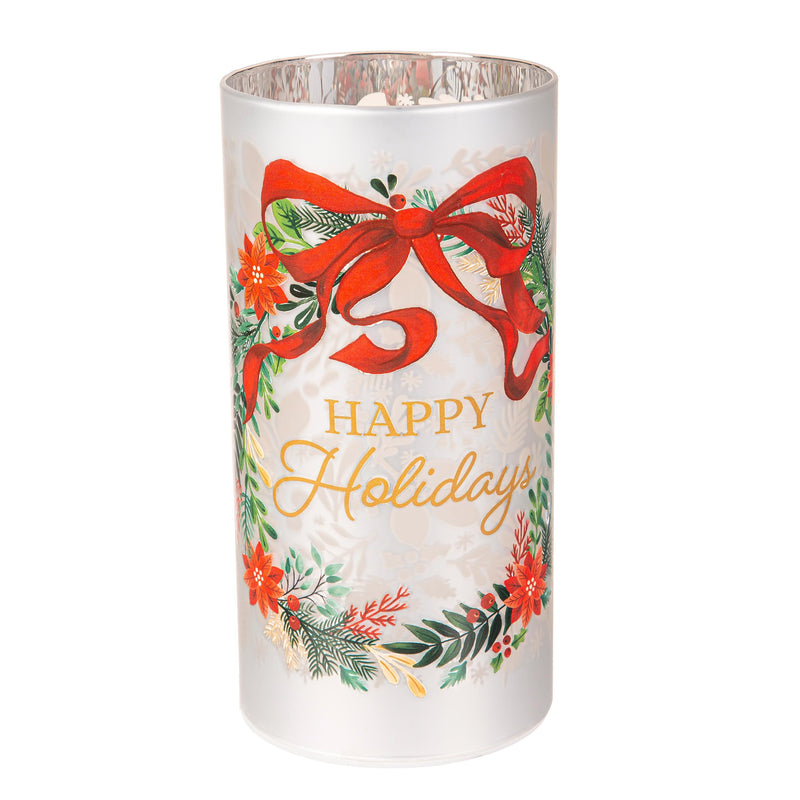 8" LED Hand Painted Lasercut Glass Table Décor with Happy Holidays wreat design,8tal134