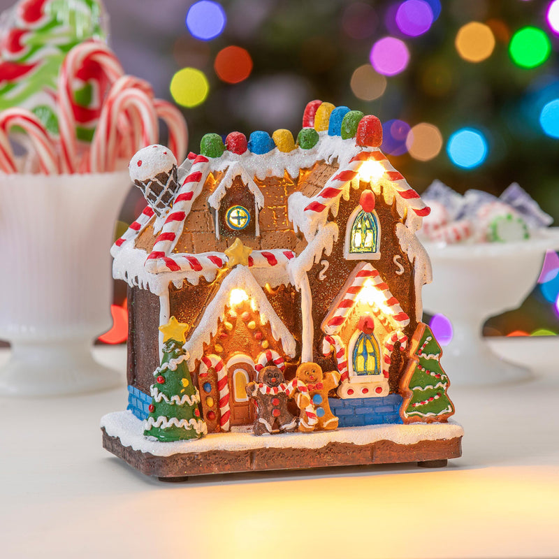 7.25" LED Resin Gingerbread House with Music Table Décor,8tal159