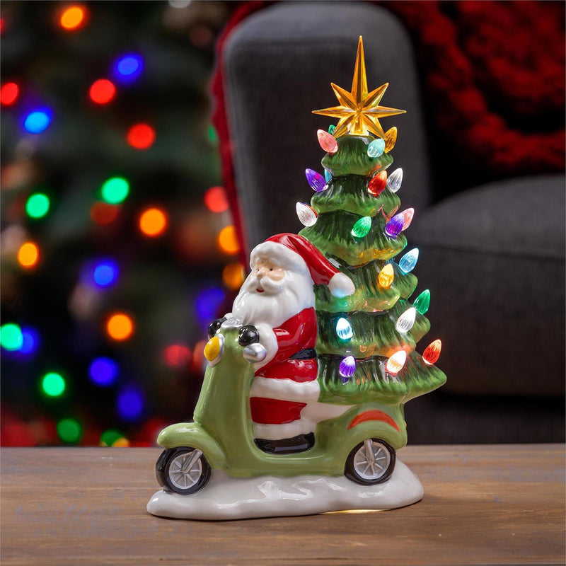 Christmas Vacation LED Table Décor Resin Santa on Scooter with Christmas Tree, 12.25"H