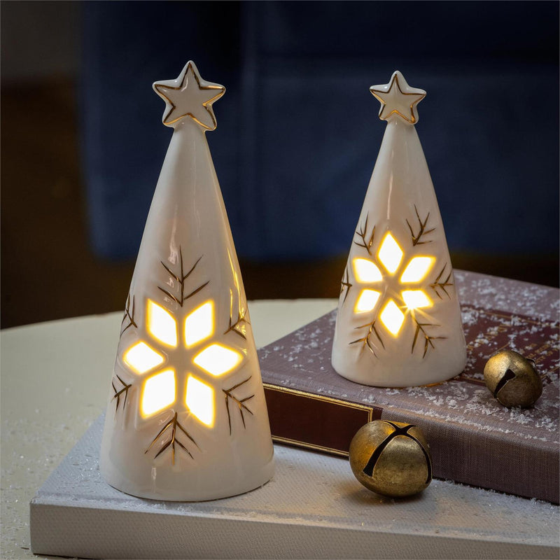 Season to Sparkle LED Table Decor Ceramic Christmas Tree with Snowflake Cut Out, Set of 2