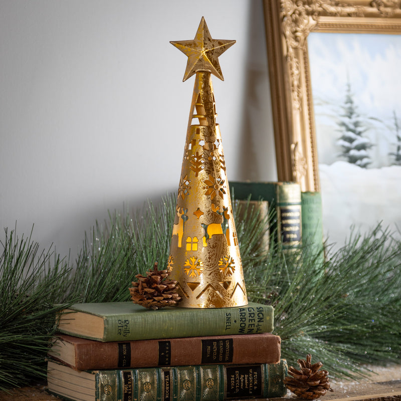 12" Metal Christmas Tree with Icon Cut Outs Candle Holder,8tam466