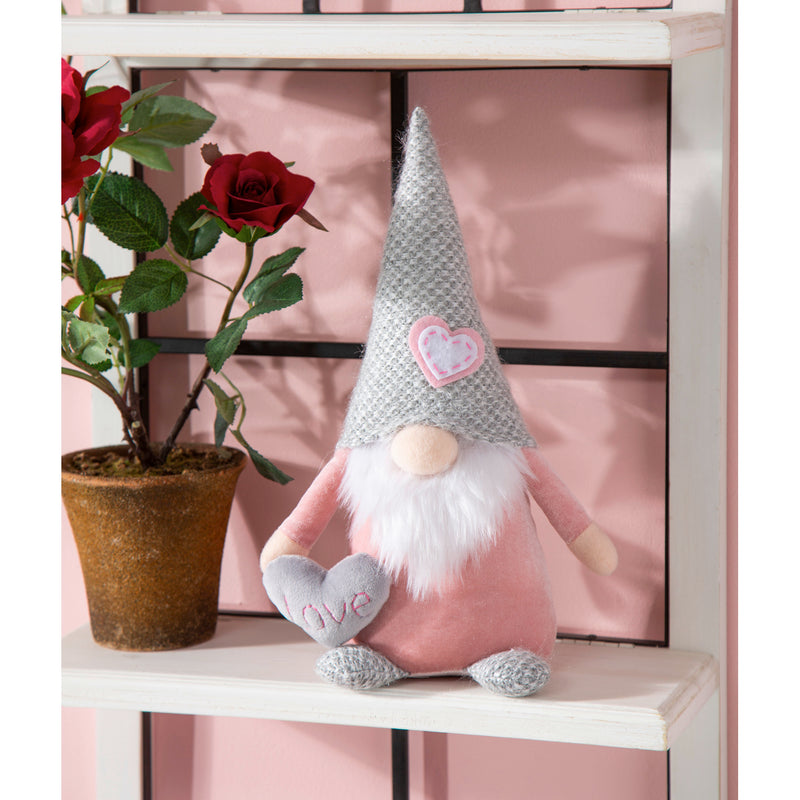 Valentine's Day Table Decor Fabric Pink and Grey Gnome with Heart, 13"