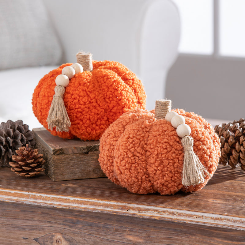 6" x 6" Fabric Pumpkin Tabletop Decor with Wood Bead and Rope Tassels,8tan459