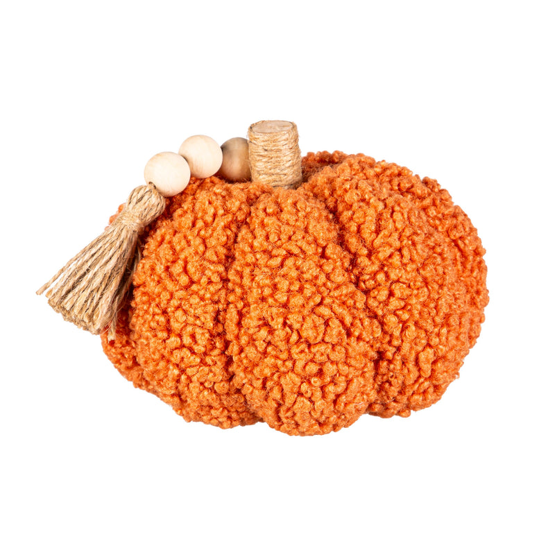 6" x 6" Fabric Pumpkin Tabletop Decor with Wood Bead and Rope Tassels,8tan459