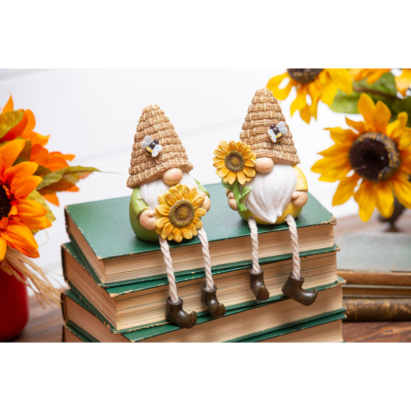 Polyresin Gnome with Sunflower and Dangling Legs Table Décor, 2 Asst