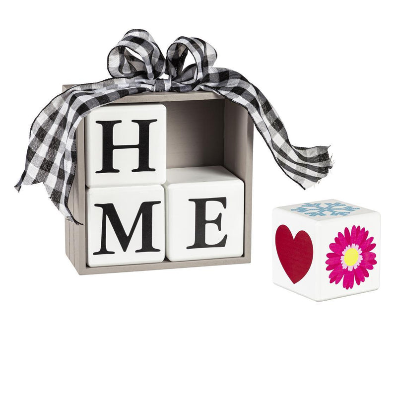 Reversible Wood Block Set with Interchangeable Icons Table Decor, "HOME/LOVE"