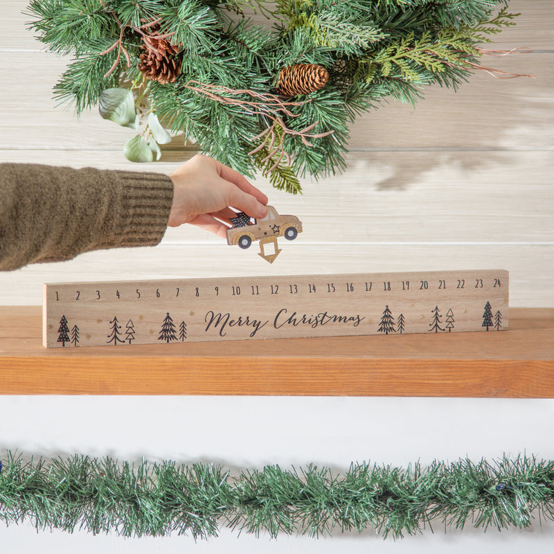 Evergreen Accessory,Wood Advent Calendar Table Decor with Movable Truck,21.5x1x2.75 Inches