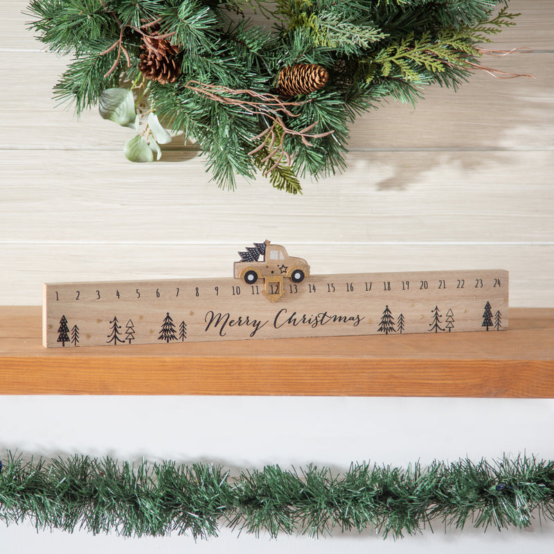 Evergreen Accessory,Wood Advent Calendar Table Decor with Movable Truck,21.5x1x2.75 Inches