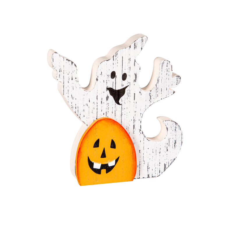 Evergreen Gifts,5.75" Wood Ghost Shaped Tabletop Décor in Wood tray,9.25x6x5.85 Inches