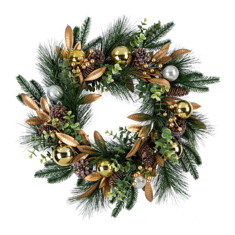 22" Gold Glittered Ornament and Pinecone Wreath,8wr352