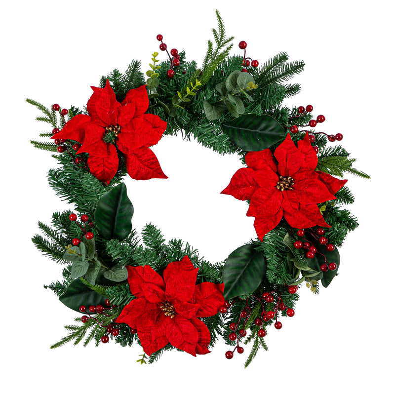 24" Poinsettia and Greenery Wreath,8wr365