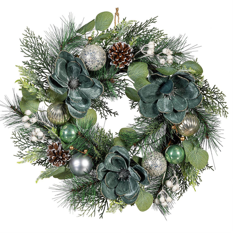 Shades of Green Wreath Artificial with Ornaments,  20"H