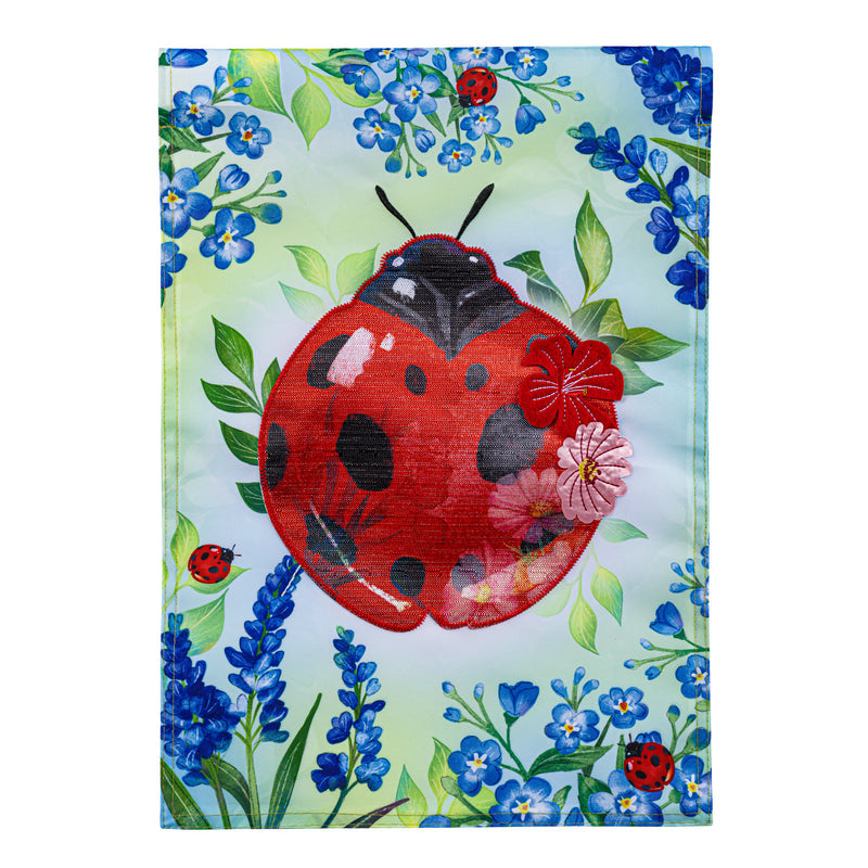 Pollinator Garden Blue Florals Ladybug Applique Garden Flag