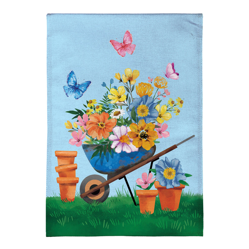 Floral Wheelbarrow Delight Burlap Garden Flag