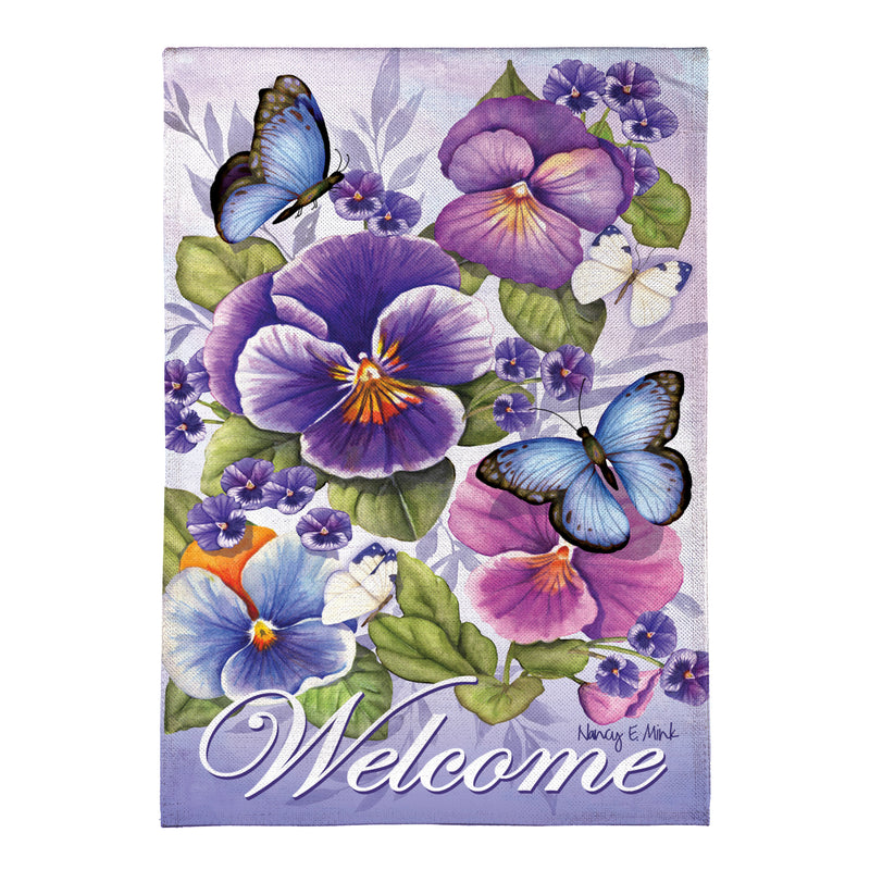 Cheerful Pansies Burlap House Flag