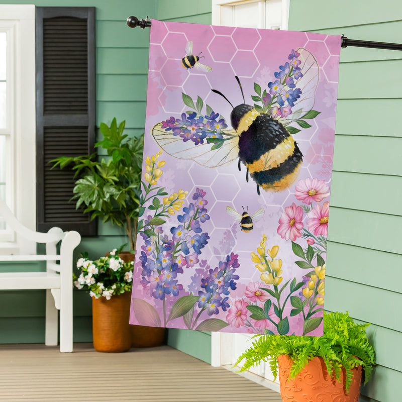 Pollinator Garden Pink Florals Bee Burlap House Flag