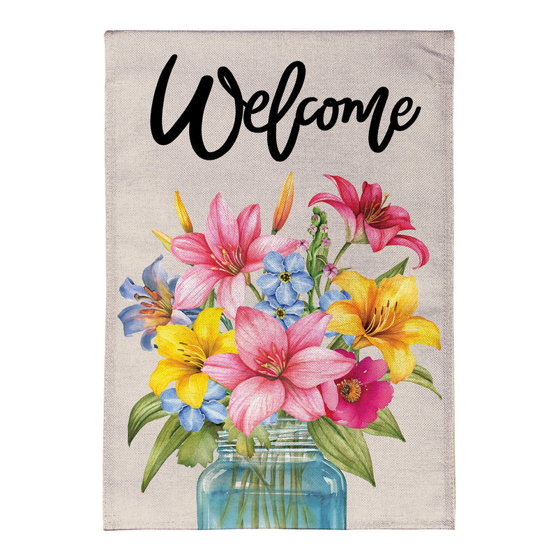 Floral Jar Welcome Burlap Garden Flag
