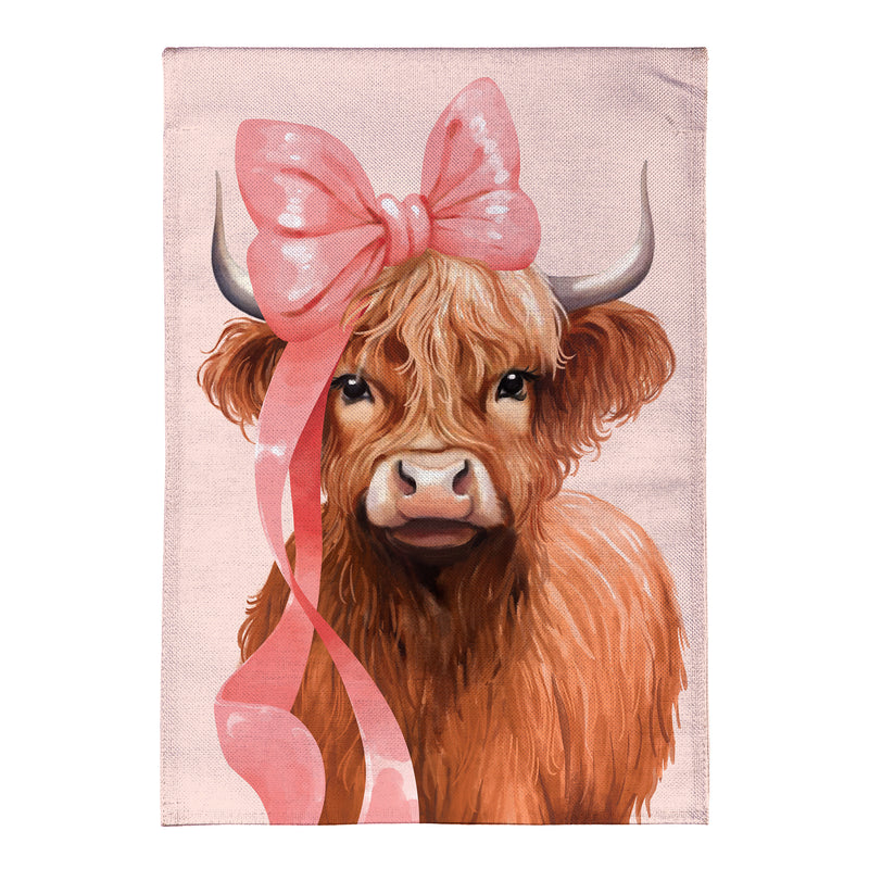 Blossom The Bowtiful Highland Cow Burlap Garden Flag
