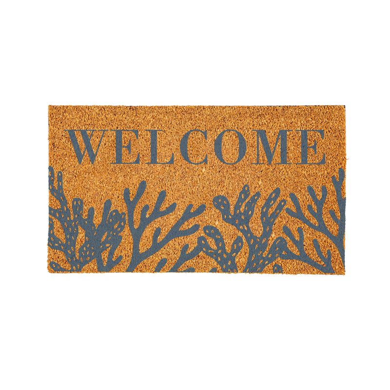 Blue Coastal Coral Sea Coir Mat, "Welcome", 28"x16"