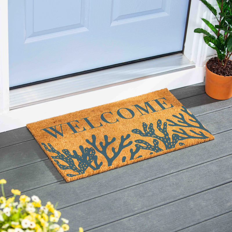Blue Coastal Coral Sea Coir Mat, "Welcome", 28"x16"