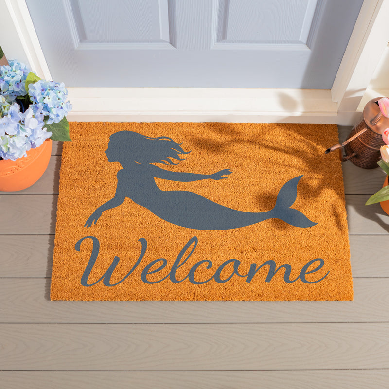 Blue Coastal Coral Sea Coir Mat, Mermaid "Welcome", 36"x24"
