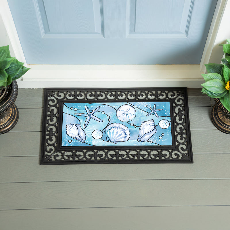 Blue Coastal Shells Flocked Coir Sassafras Switch Mat, Sea Illustration, 22"x10"