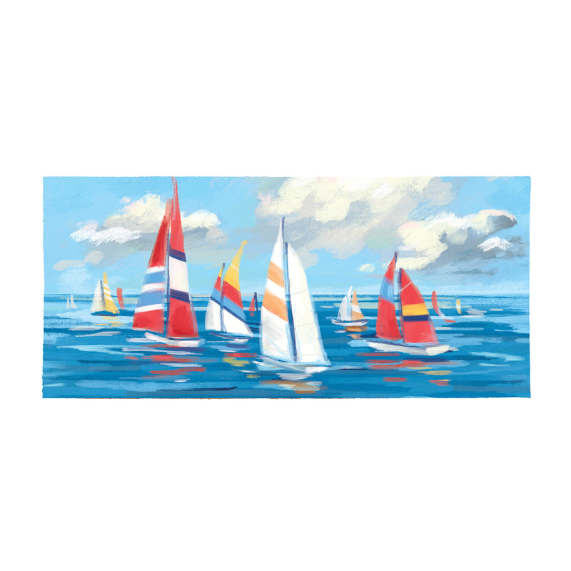 Blue Coastal Sailboats Flocked Coir Sassafras Switch Mat, Landscape, 22"x10"